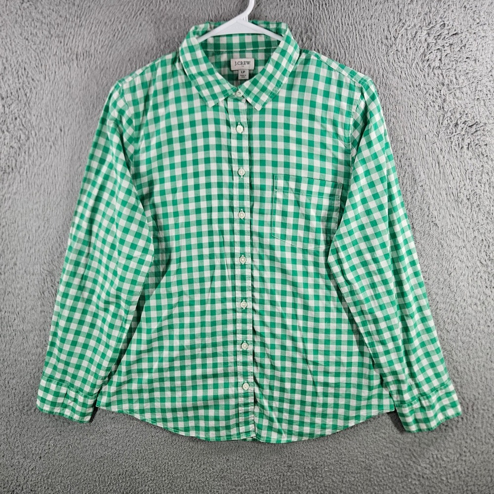 J.Crew Womens LP Green White Gingham Cotton Button Down Shirt Petite Long Sleeve